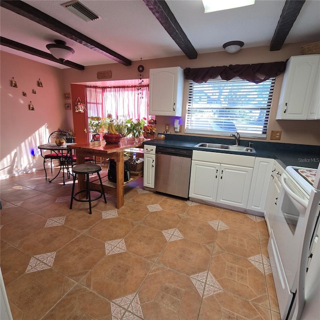 kitchen with a healthy amount of sunlight, dishwasher, white cabinets, white range with electric cooktop, and sink