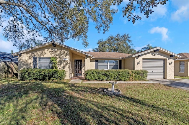 ranch-style house with a garage and a front yard