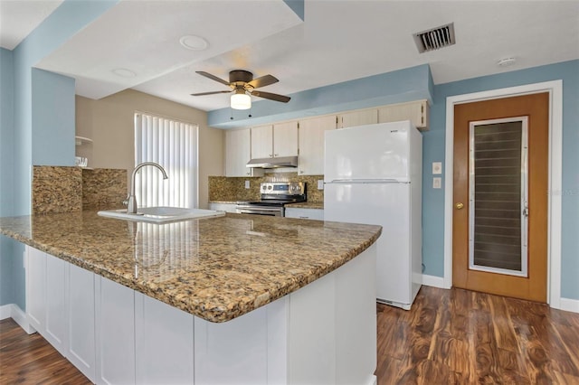 kitchen featuring dark hardwood / wood-style flooring, stainless steel electric range oven, sink, and white fridge