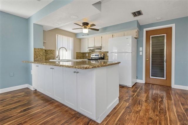 kitchen with dark wood-type flooring, sink, dark stone countertops, white fridge, and kitchen peninsula