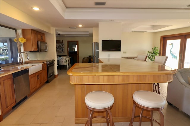 kitchen featuring a raised ceiling, sink, crown molding, appliances with stainless steel finishes, and a breakfast bar area