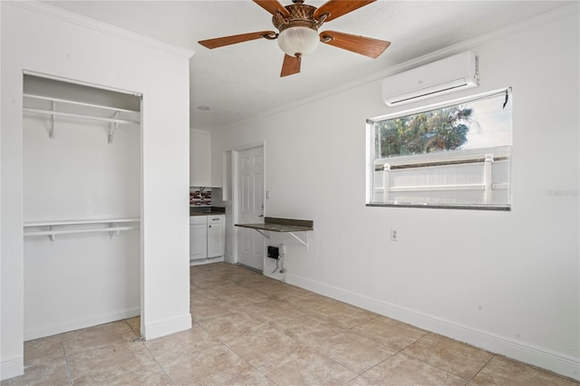 unfurnished bedroom featuring a wall mounted AC, crown molding, ceiling fan, a closet, and light tile patterned flooring