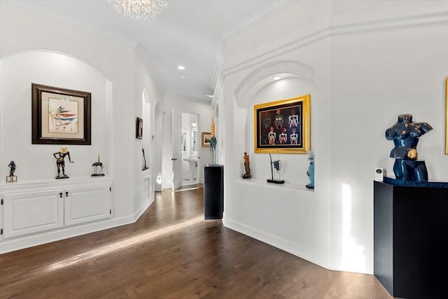 hallway with a notable chandelier, ornamental molding, and dark wood-type flooring