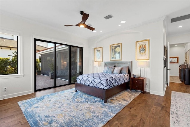 bedroom featuring access to outside, ceiling fan, crown molding, and dark hardwood / wood-style floors