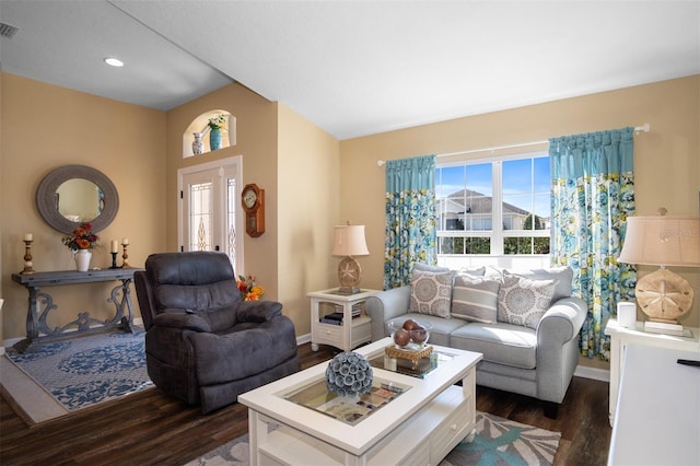 living room with dark wood-type flooring