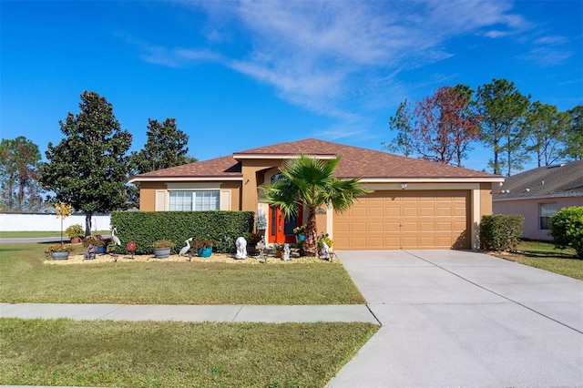 view of front of home featuring a front yard and a garage