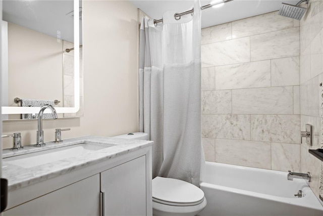 full bathroom with vanity, toilet, and shower / bathtub combination with curtain