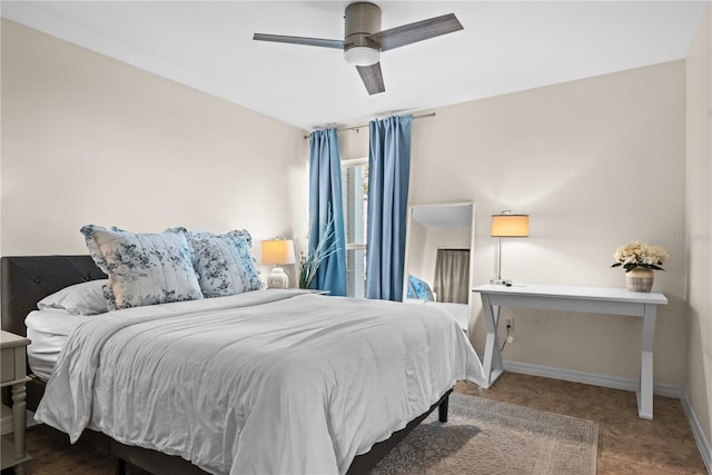 bedroom featuring ceiling fan and carpet floors