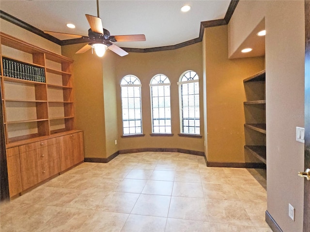 interior space featuring crown molding, ceiling fan, and light tile patterned flooring