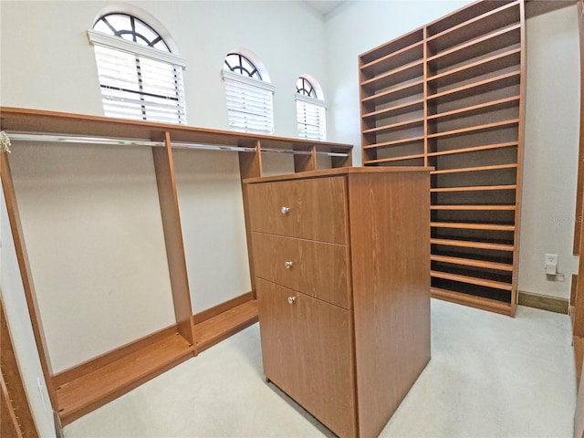 walk in closet featuring light carpet