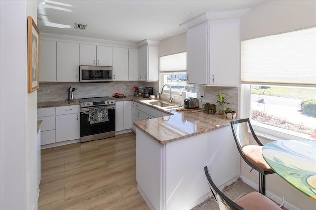 kitchen with stainless steel appliances, white cabinetry, sink, and kitchen peninsula