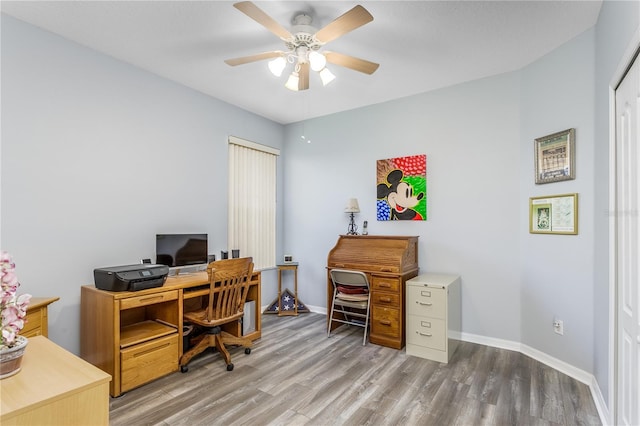 office area featuring hardwood / wood-style flooring and ceiling fan