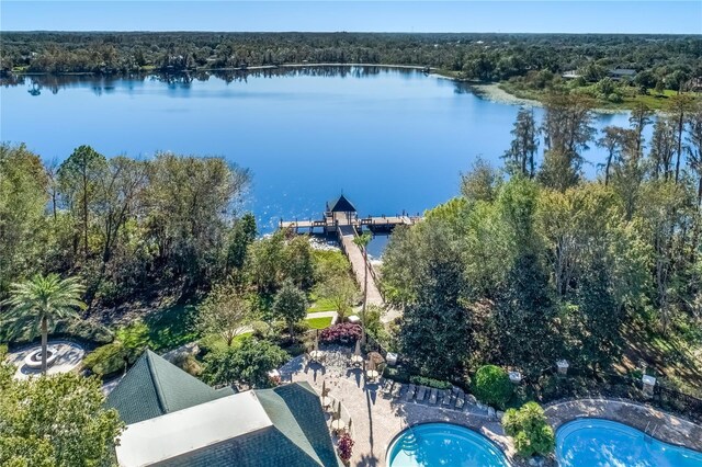 birds eye view of property featuring a water view