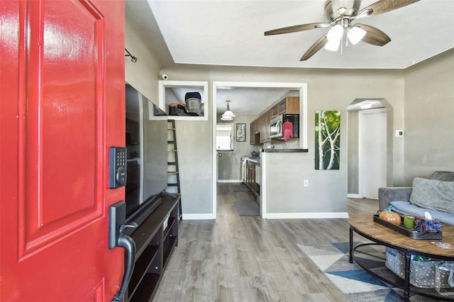 entrance foyer with ceiling fan and hardwood / wood-style floors