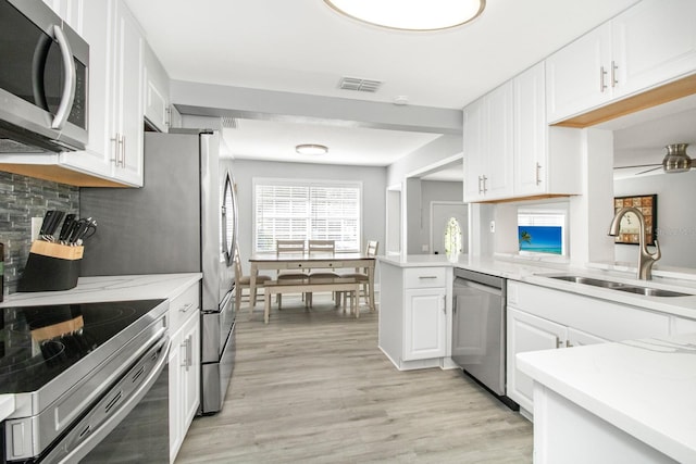 kitchen featuring white cabinetry, sink, kitchen peninsula, appliances with stainless steel finishes, and light wood-type flooring