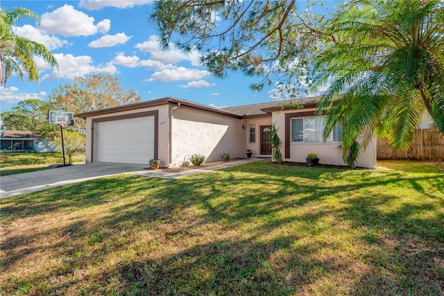 ranch-style house featuring a garage and a front lawn