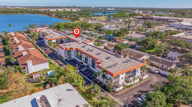 bird's eye view with a water view