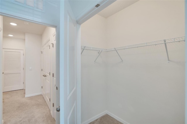 walk in closet featuring light carpet