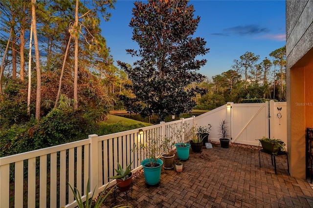 view of patio terrace at dusk