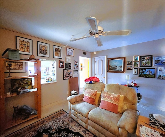 living room featuring ceiling fan
