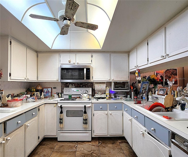 4116 SE 20th Pl Unit 102, Cape Coral, FL 33904 - kitchen featuring stainless steel microwave, white electric range oven, ceiling fan, and light countertops