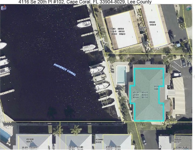 4116 SE 20th Pl Unit 102, Cape Coral, FL 33904 - aerial overview of property's location featuring property parcel outlined