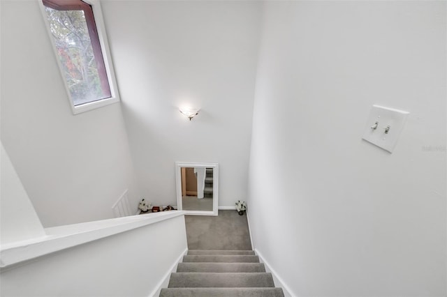 stairs featuring carpet and baseboards