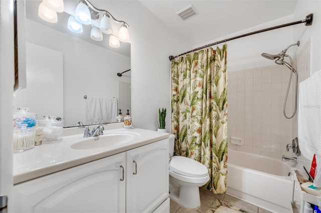 full bathroom featuring visible vents, toilet, tile patterned flooring, shower / bath combination with curtain, and vanity