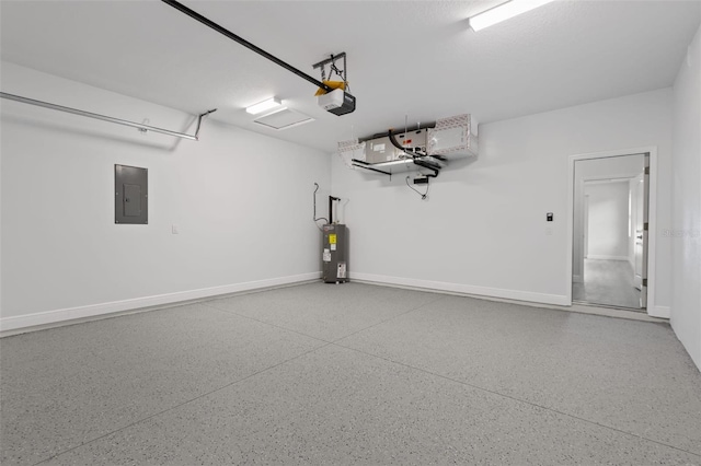 garage featuring a garage door opener, electric water heater, and electric panel