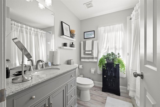 bathroom with hardwood / wood-style floors, vanity, and toilet