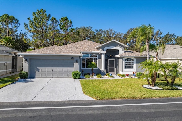 single story home featuring a front yard and a garage