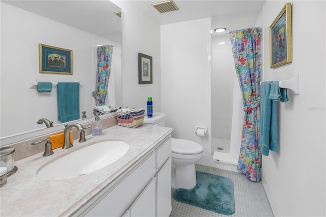 bathroom featuring tile patterned flooring, vanity, toilet, and a shower with shower curtain