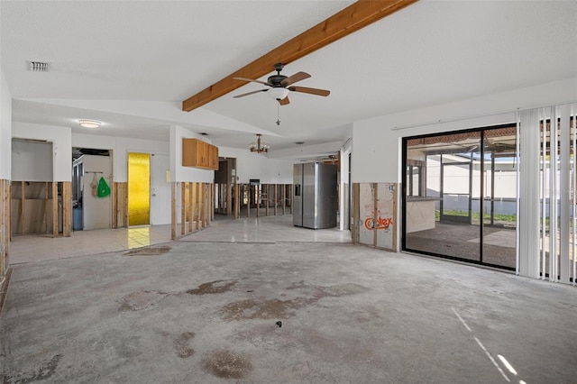 interior space with vaulted ceiling with beams, ceiling fan, and a textured ceiling