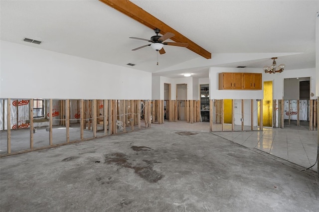 misc room featuring concrete flooring, lofted ceiling with beams, and ceiling fan with notable chandelier