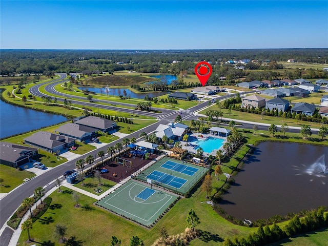 aerial view featuring a water view