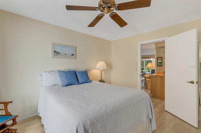 bedroom with ceiling fan and light wood-type flooring