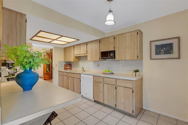 kitchen featuring dishwasher, light brown cabinets, hanging light fixtures, backsplash, and light tile patterned flooring