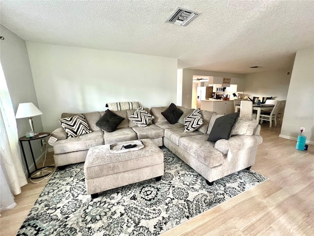 living room featuring a textured ceiling and light wood-type flooring