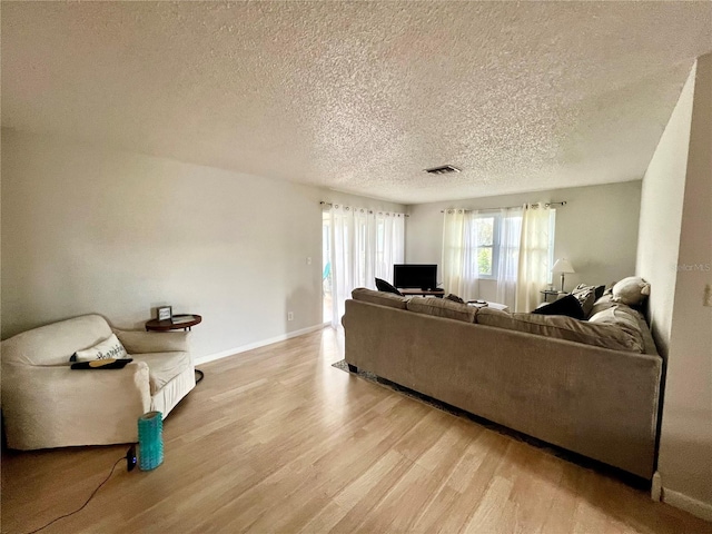 living room with a textured ceiling and light hardwood / wood-style flooring