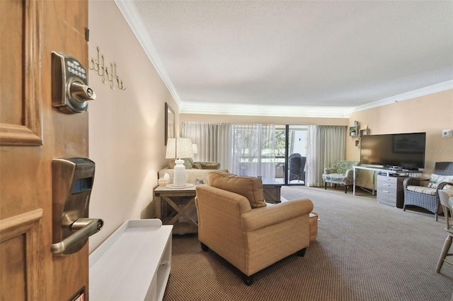 carpeted living room with crown molding