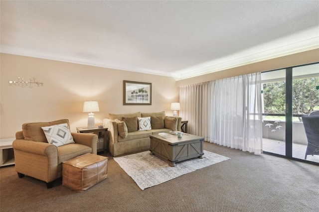 living room with carpet flooring, a textured ceiling, and ornamental molding