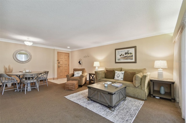 living room with carpet flooring, crown molding, and a textured ceiling