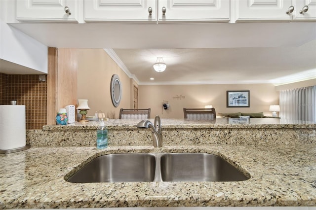 36750 US Highway 19 N Unit 19219, Palm Harbor, FL 34684 - kitchen with a sink, ornamental molding, light stone counters, and white cabinetry