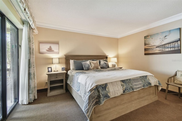 bedroom featuring carpet flooring, access to outside, and crown molding