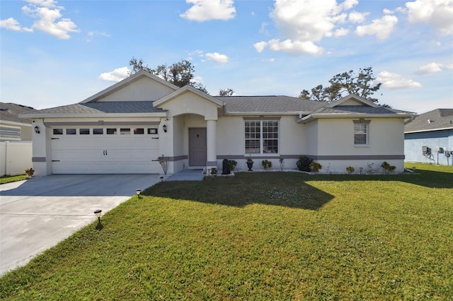 ranch-style house with stucco siding, driveway, a shingled roof, a front yard, and an attached garage