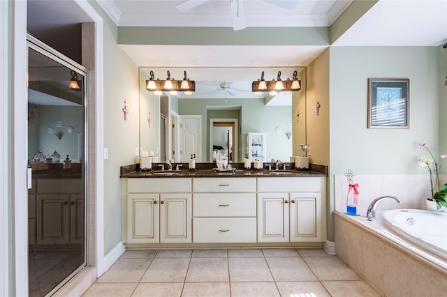 bathroom featuring tile patterned flooring, vanity, independent shower and bath, and ornamental molding