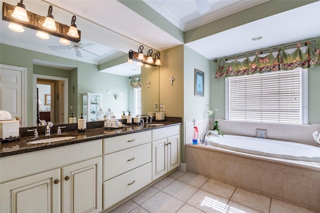 bathroom featuring vanity, tile patterned flooring, a relaxing tiled tub, ceiling fan, and ornamental molding