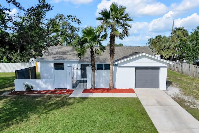 view of front of property with a garage and a front lawn