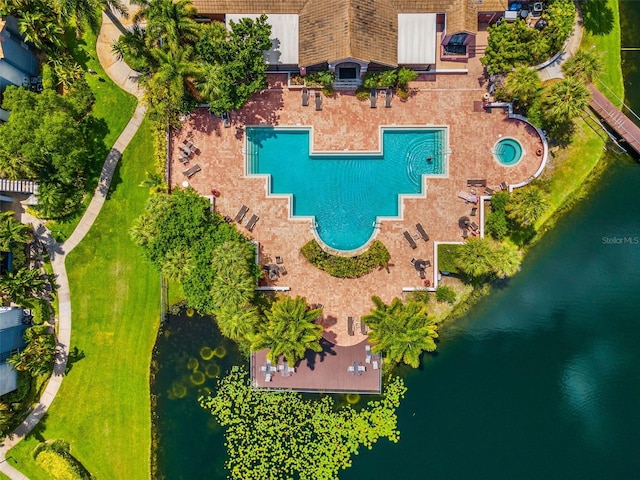 bird's eye view with a water view