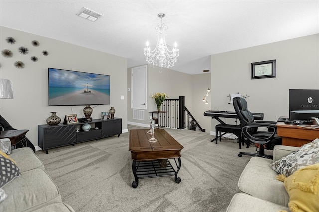 living room featuring carpet flooring and a chandelier